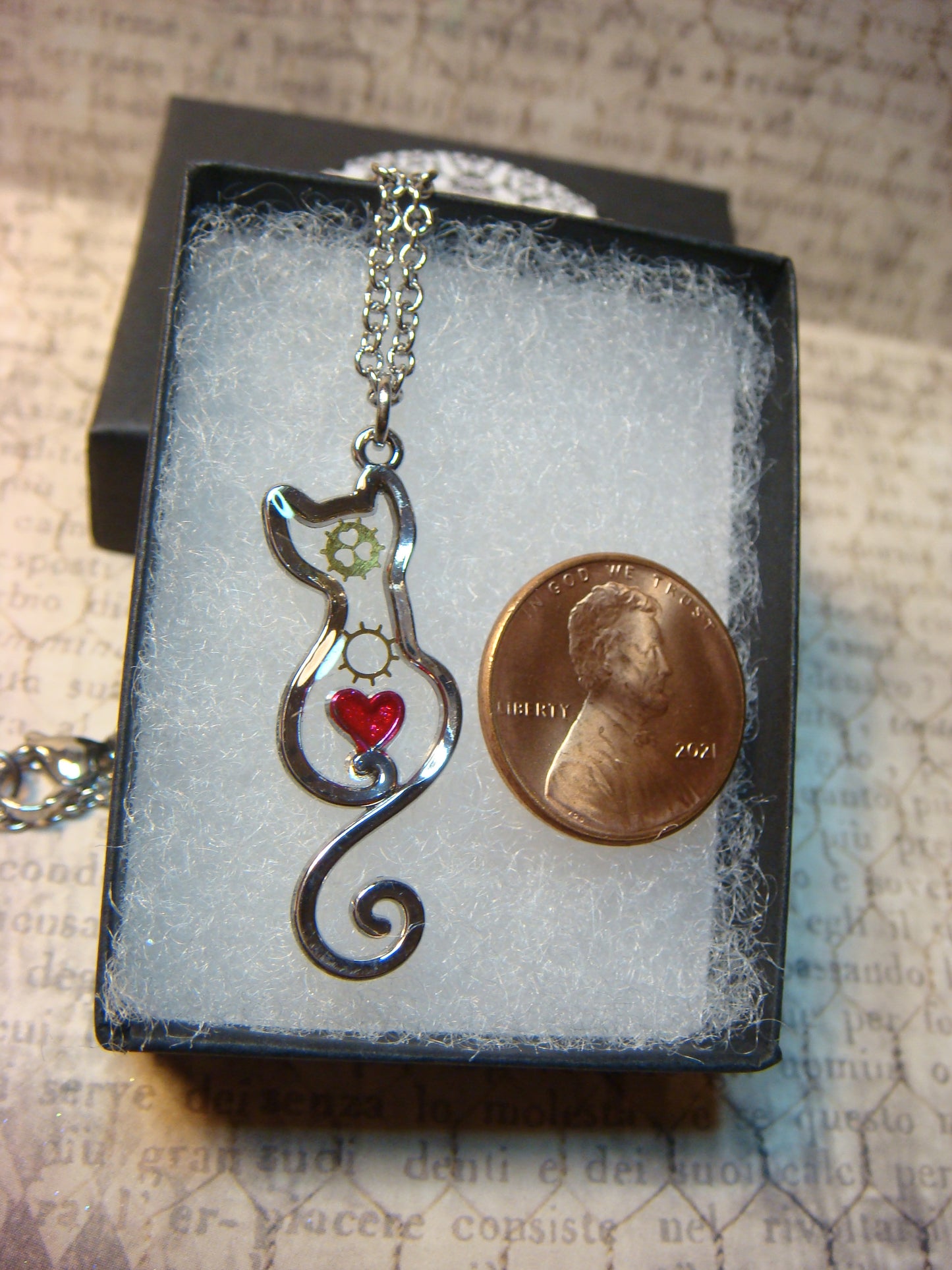 Cat with Heart and Gears Transparent Necklace