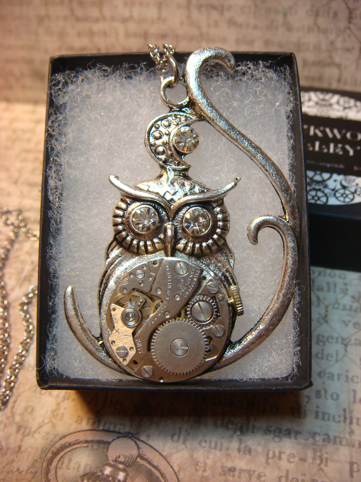 Steampunk Owl Watch Movement Necklace with Exposed Gears