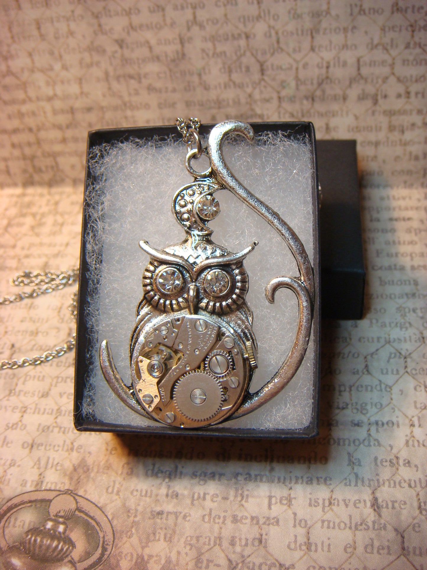 Steampunk Owl Watch Movement Necklace with Exposed Gears