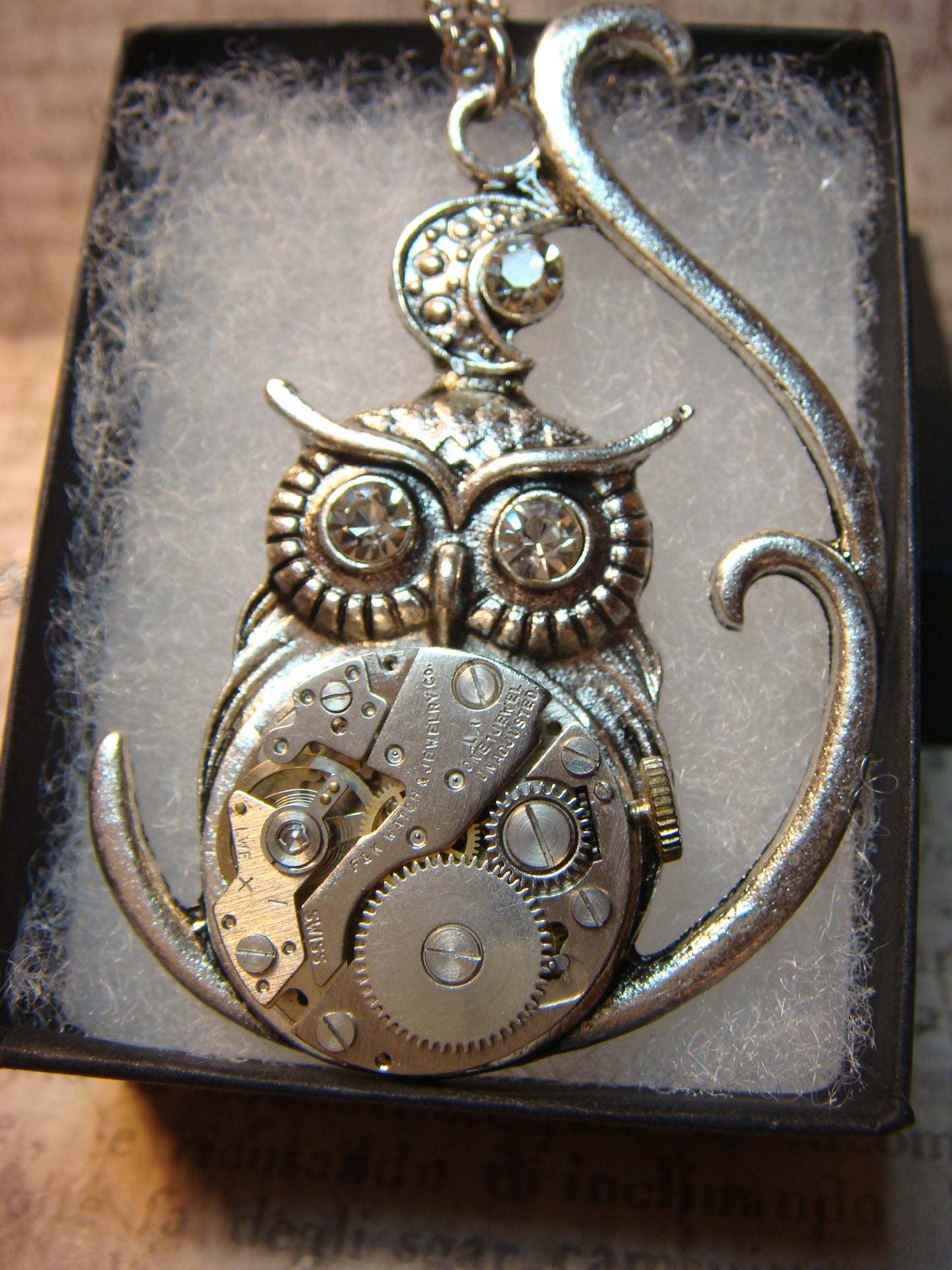 Steampunk Owl Watch Movement Necklace with Exposed Gears