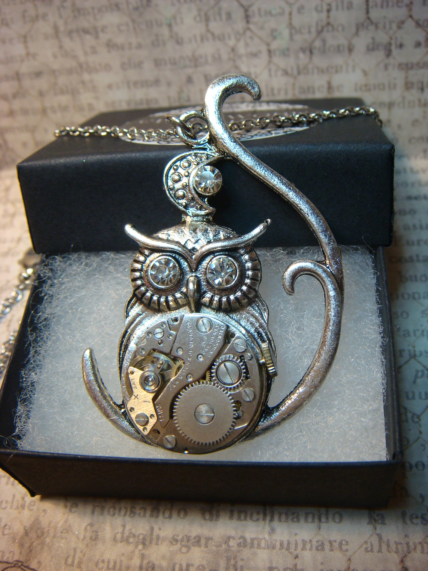 Steampunk Owl Watch Movement Necklace with Exposed Gears