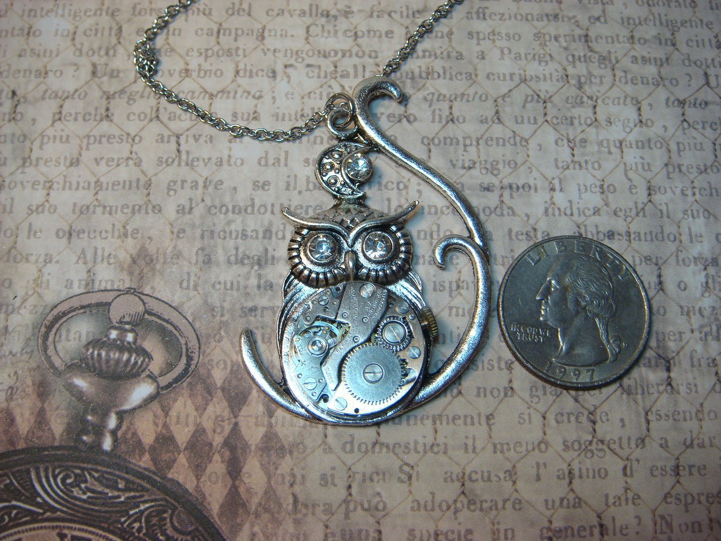 Steampunk Owl Watch Movement Necklace with Exposed Gears