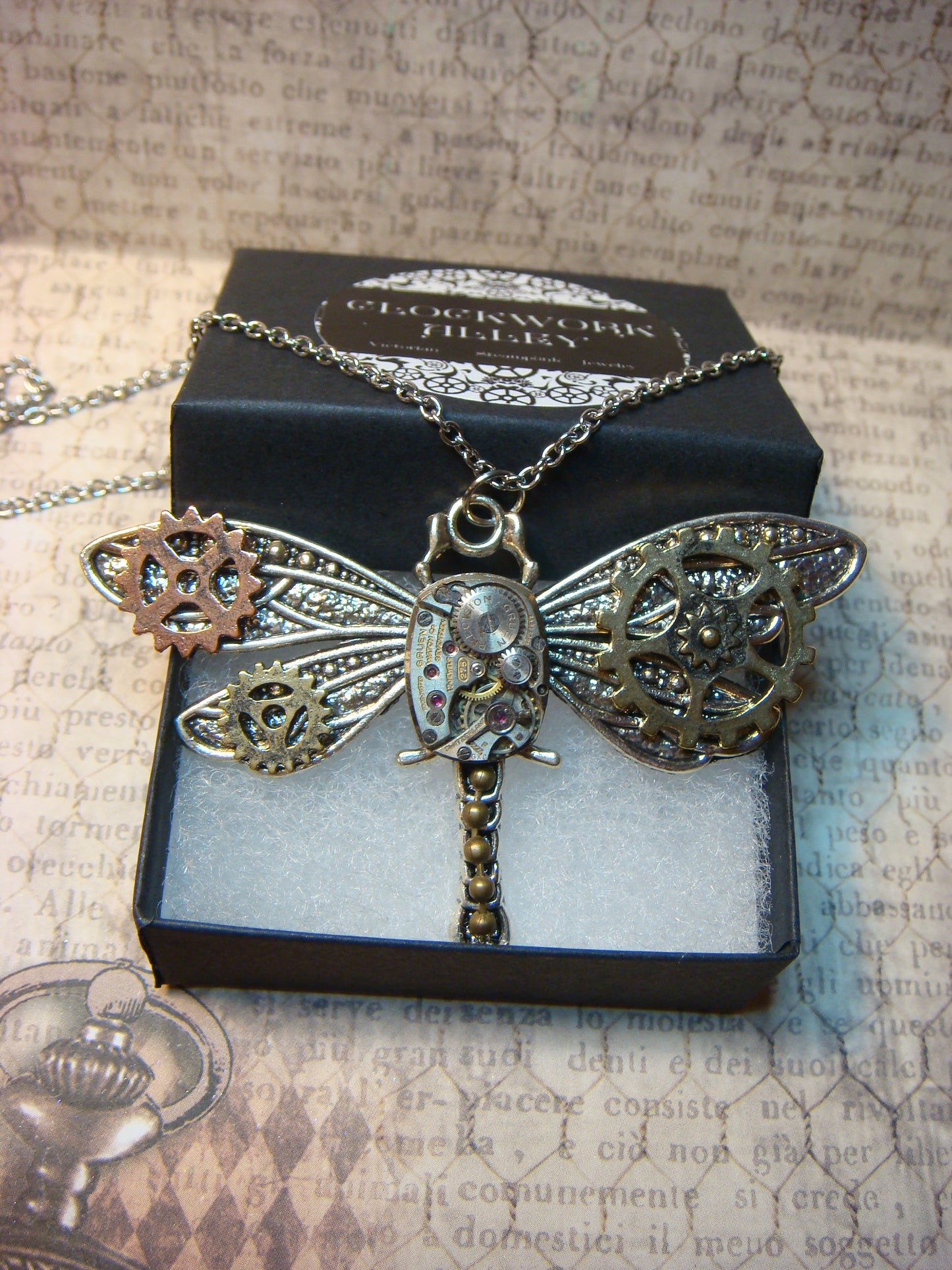 Steampunk Dragonfly Watch Movement Necklace with Exposed Gears