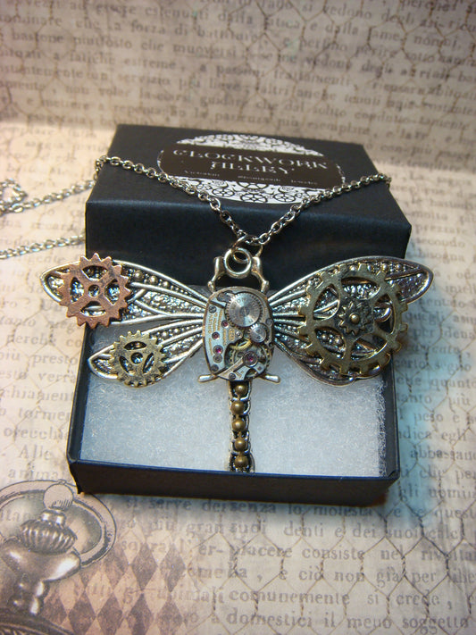 Steampunk Dragonfly Watch Movement Necklace with Exposed Gears