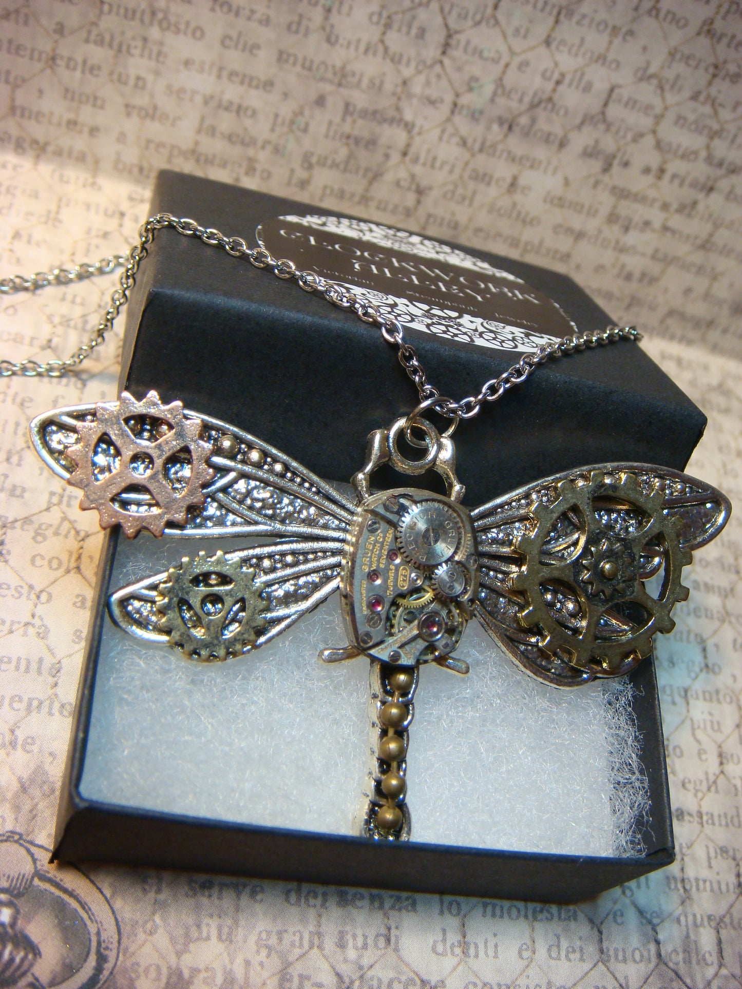 Steampunk Dragonfly Watch Movement Necklace with Exposed Gears