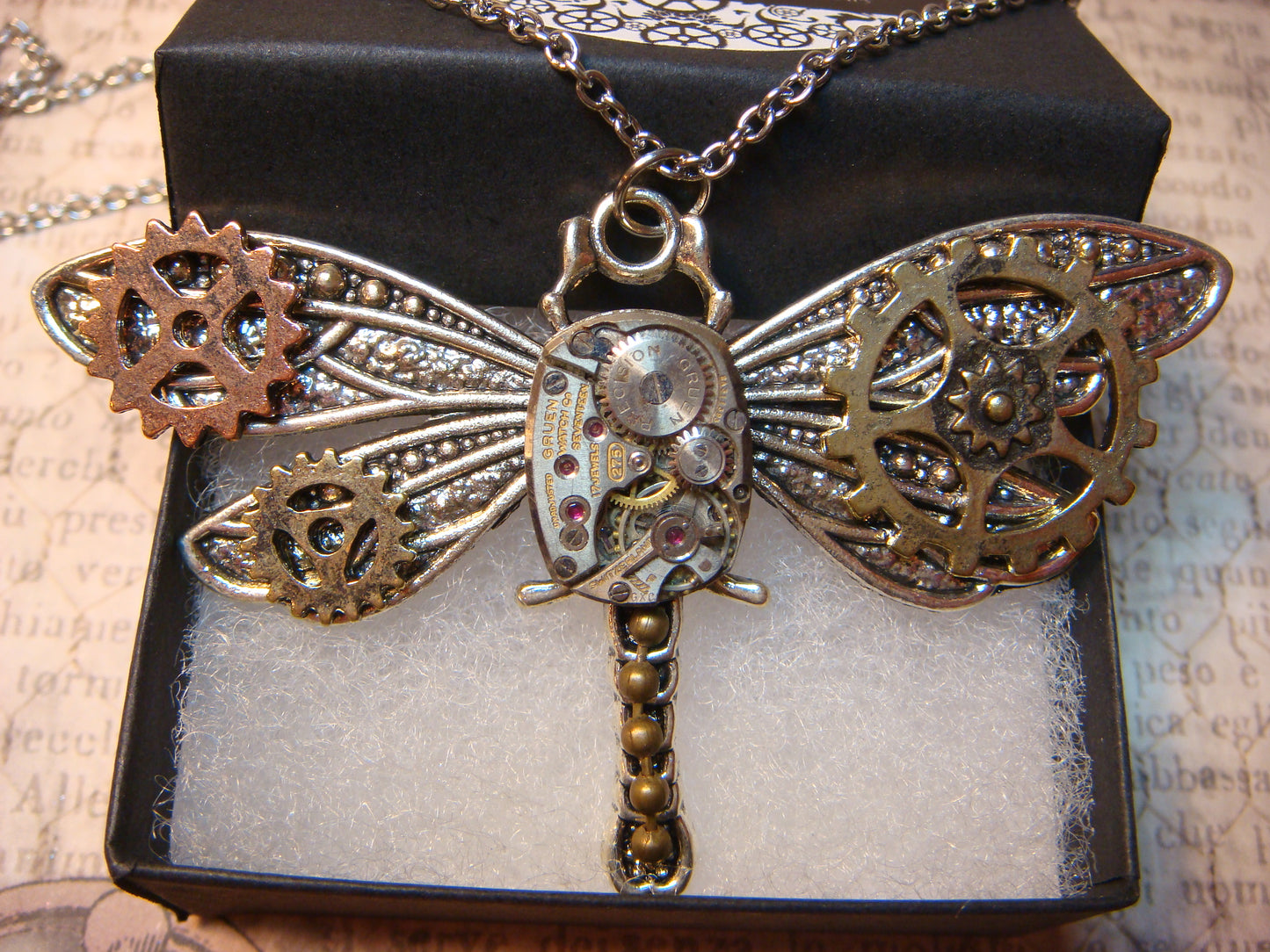 Steampunk Dragonfly Watch Movement Necklace with Exposed Gears