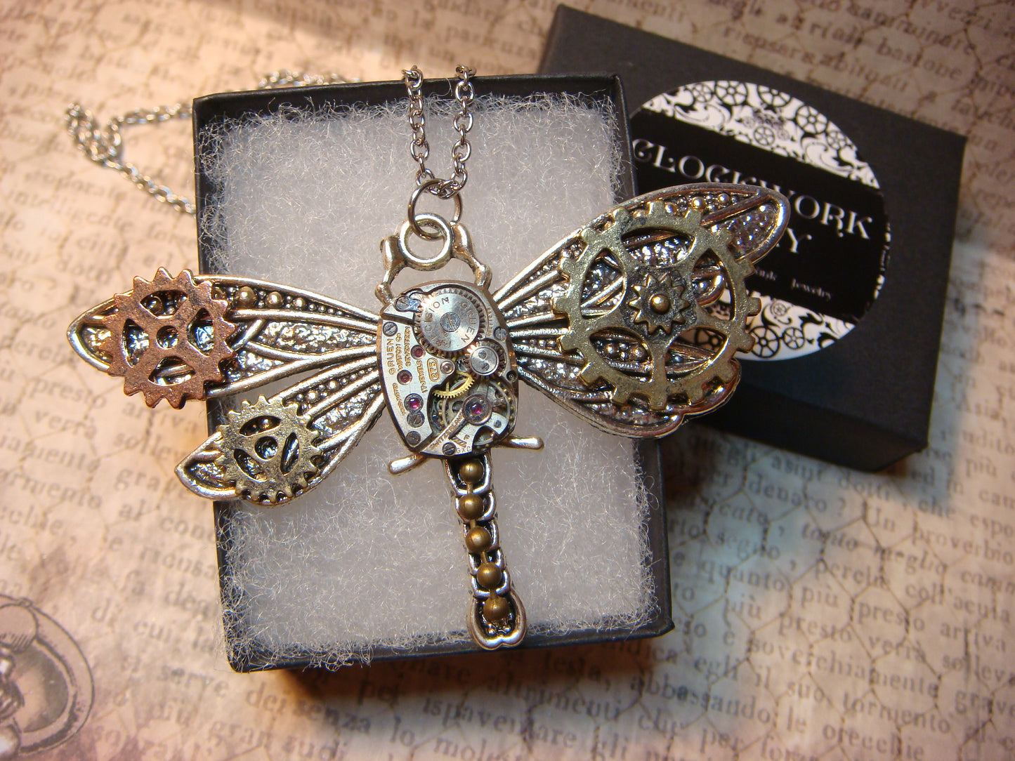 Steampunk Dragonfly Watch Movement Necklace with Exposed Gears