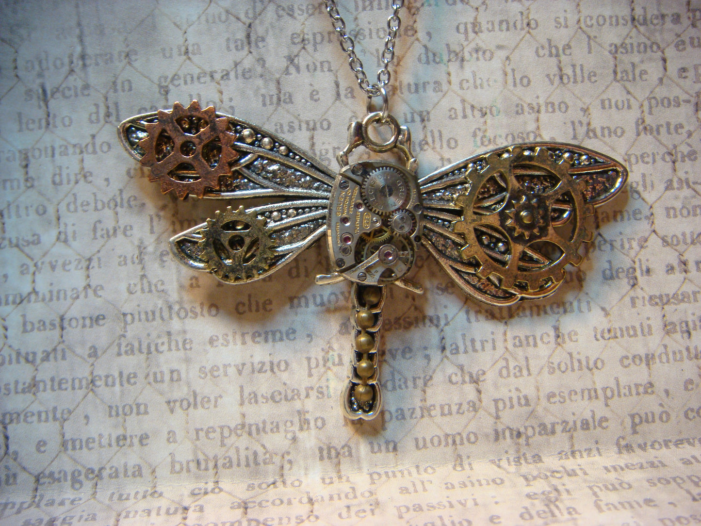 Steampunk Dragonfly Watch Movement Necklace with Exposed Gears