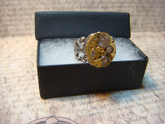 Watch Movement Filigree Ring in Antique Silver - Adjustable