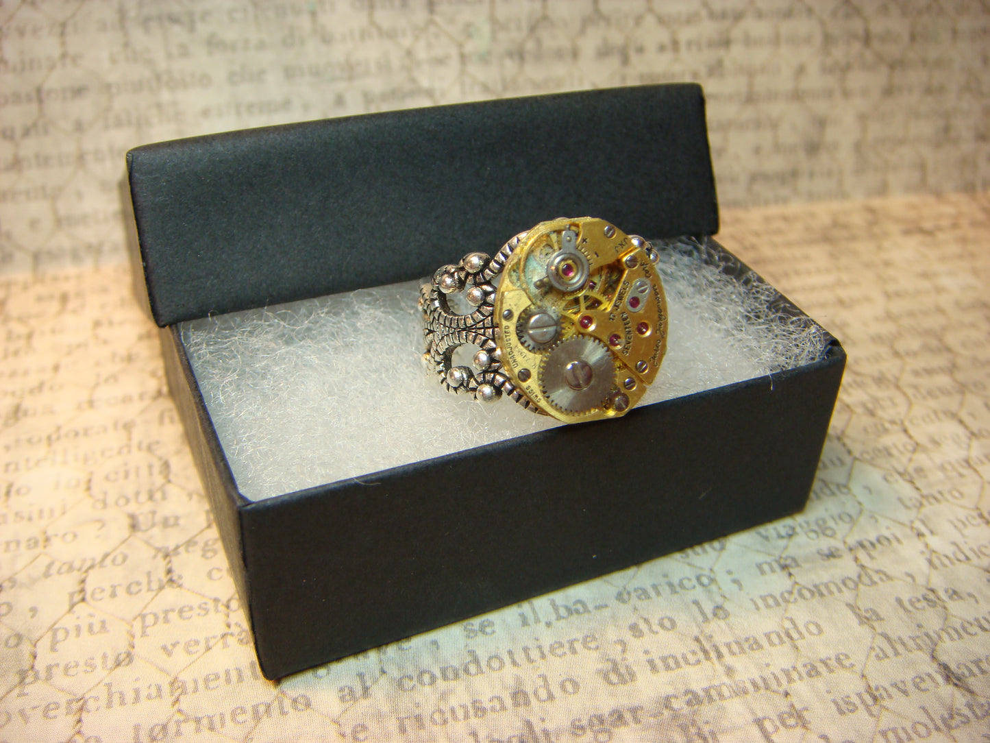 Watch Movement Filigree Ring in Antique Silver - Adjustable