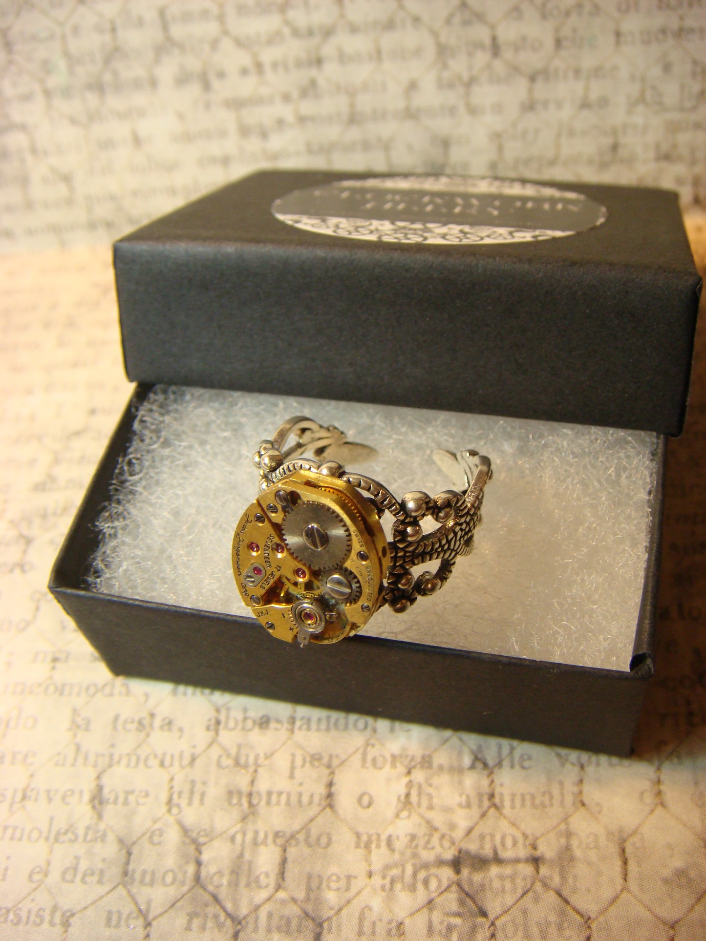 Watch Movement Filigree Ring in Antique Silver - Adjustable