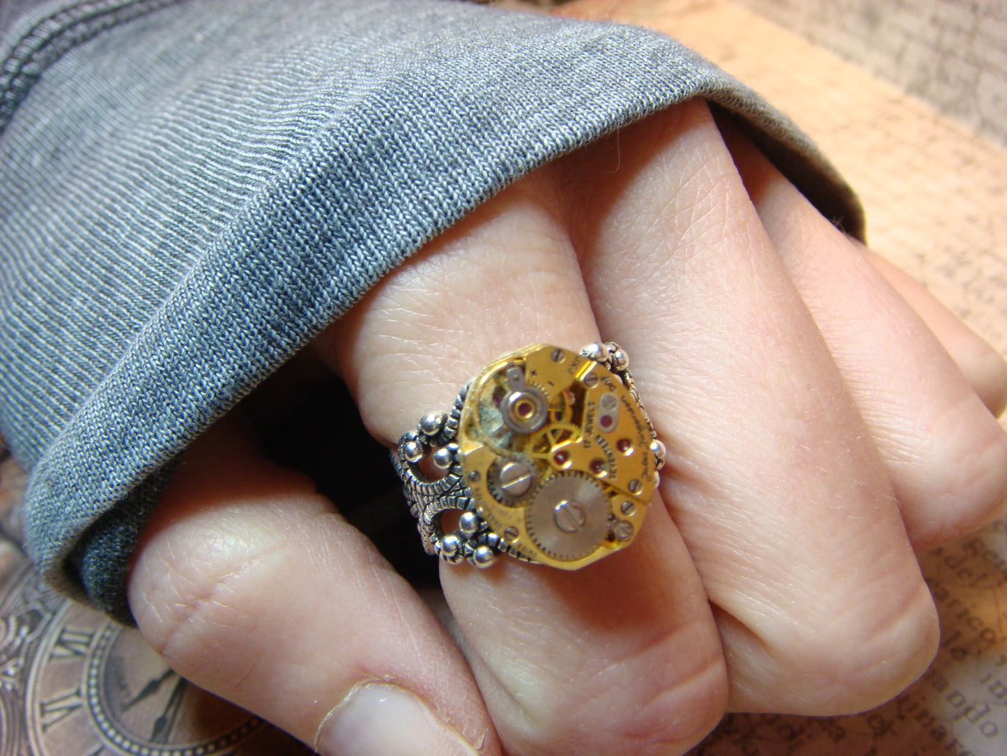 Watch Movement Filigree Ring in Antique Silver - Adjustable
