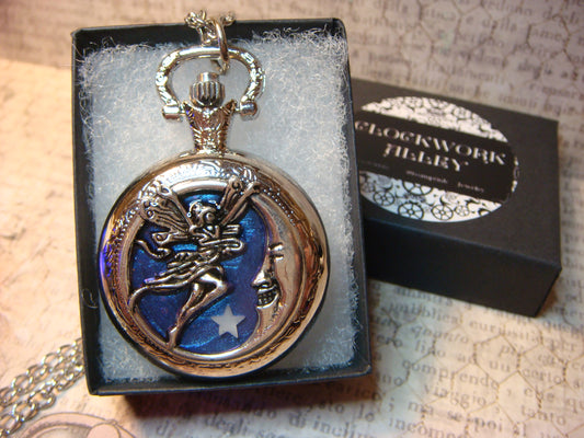 Working Fairy and Moon with Glow Star Pocket Watch Necklace