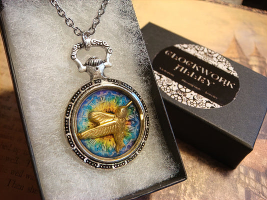 Hummingbird over Colorful Clock Pocket Watch Pendant Necklace