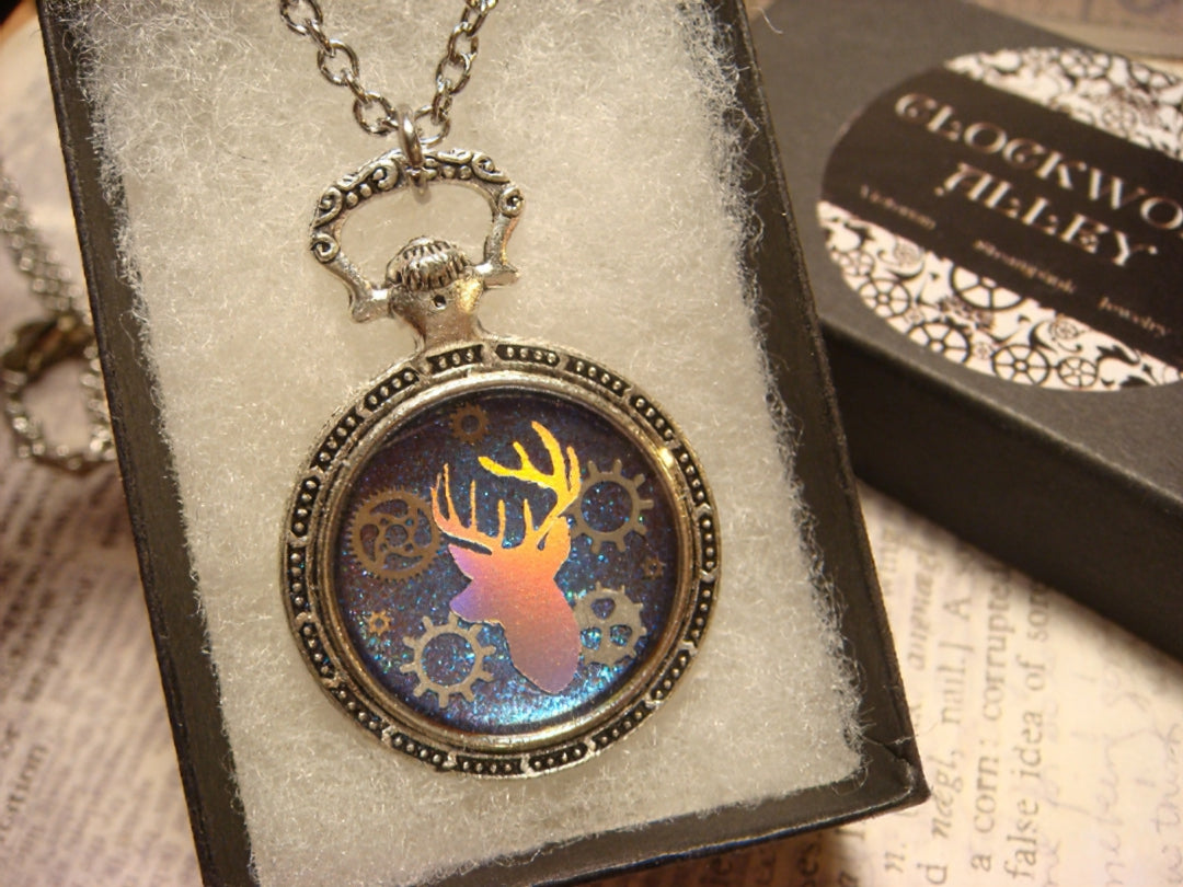 Antler Head and Gears Pocket Watch Pendant Necklace