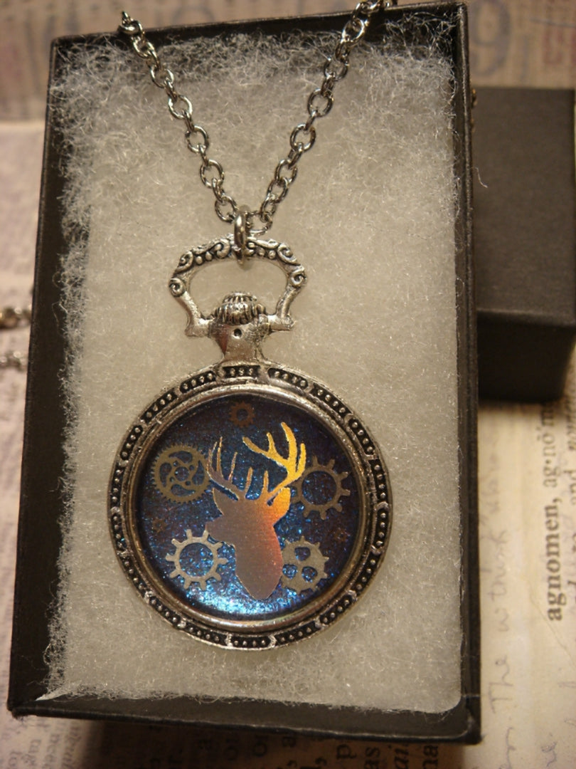 Antler Head and Gears Pocket Watch Pendant Necklace