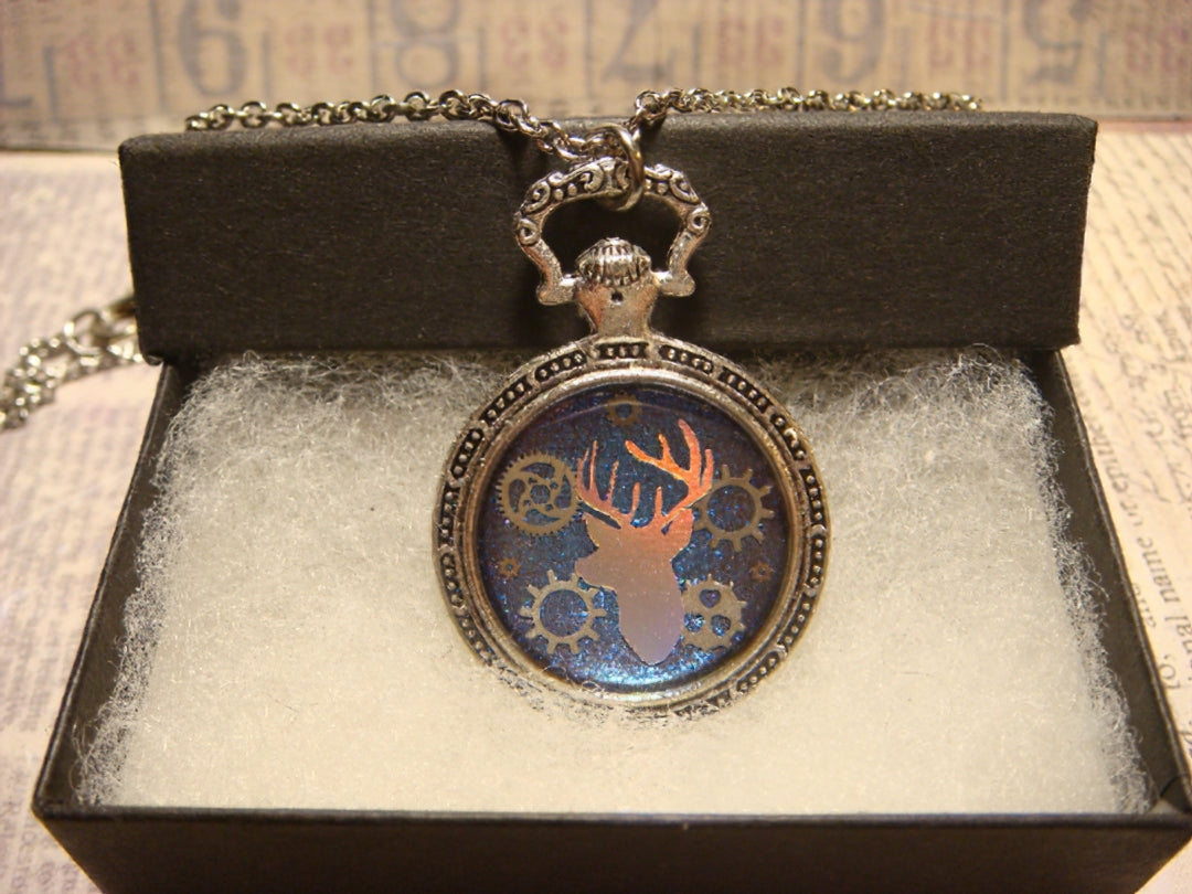 Antler Head and Gears Pocket Watch Pendant Necklace
