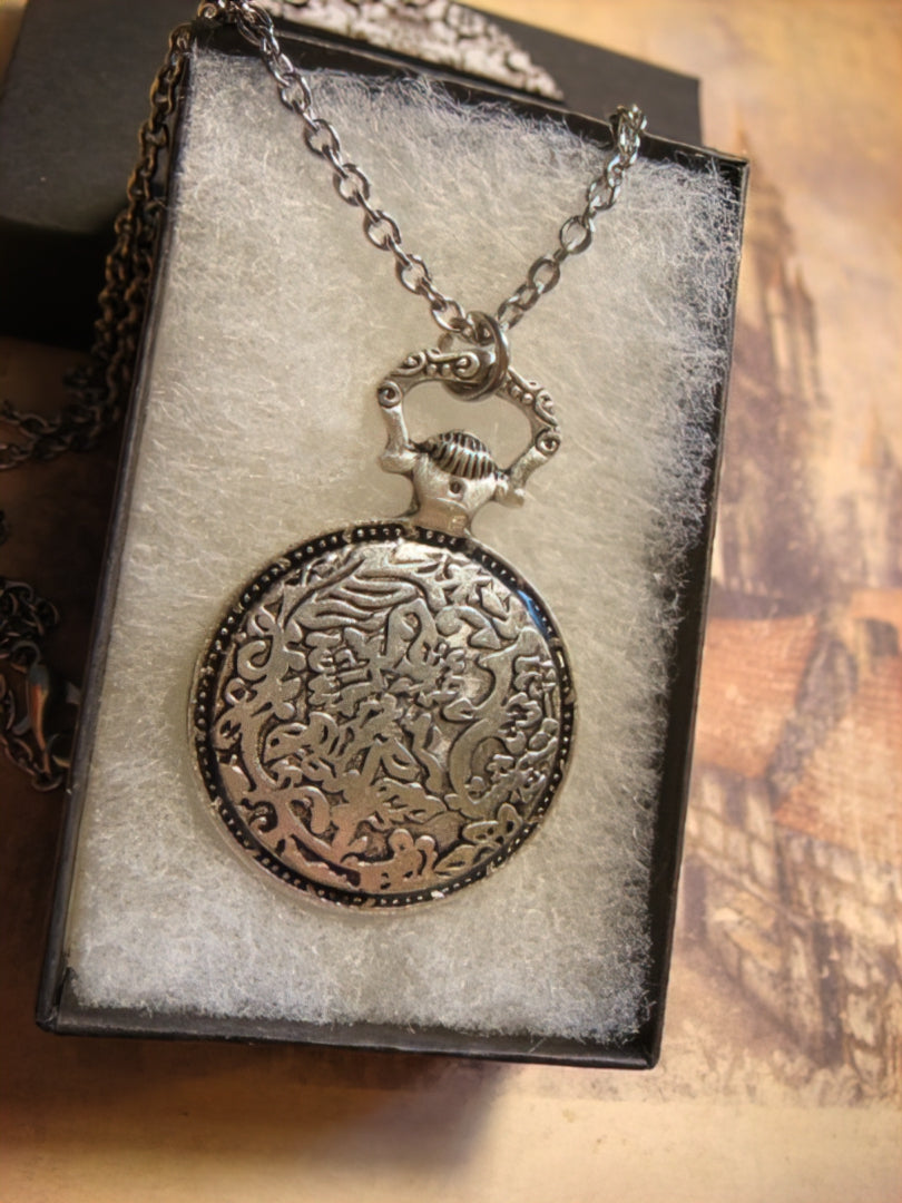 Hummingbird over Colorful Clock Pocket Watch Pendant Necklace