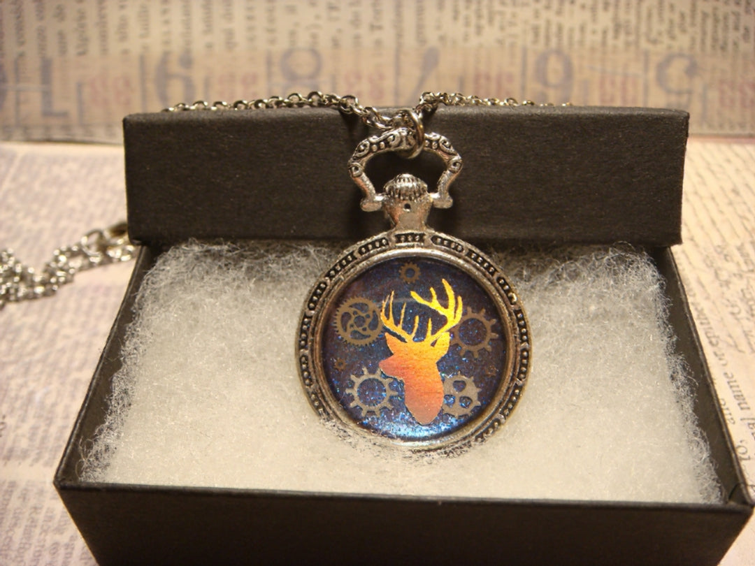 Antler Head and Gears Pocket Watch Pendant Necklace