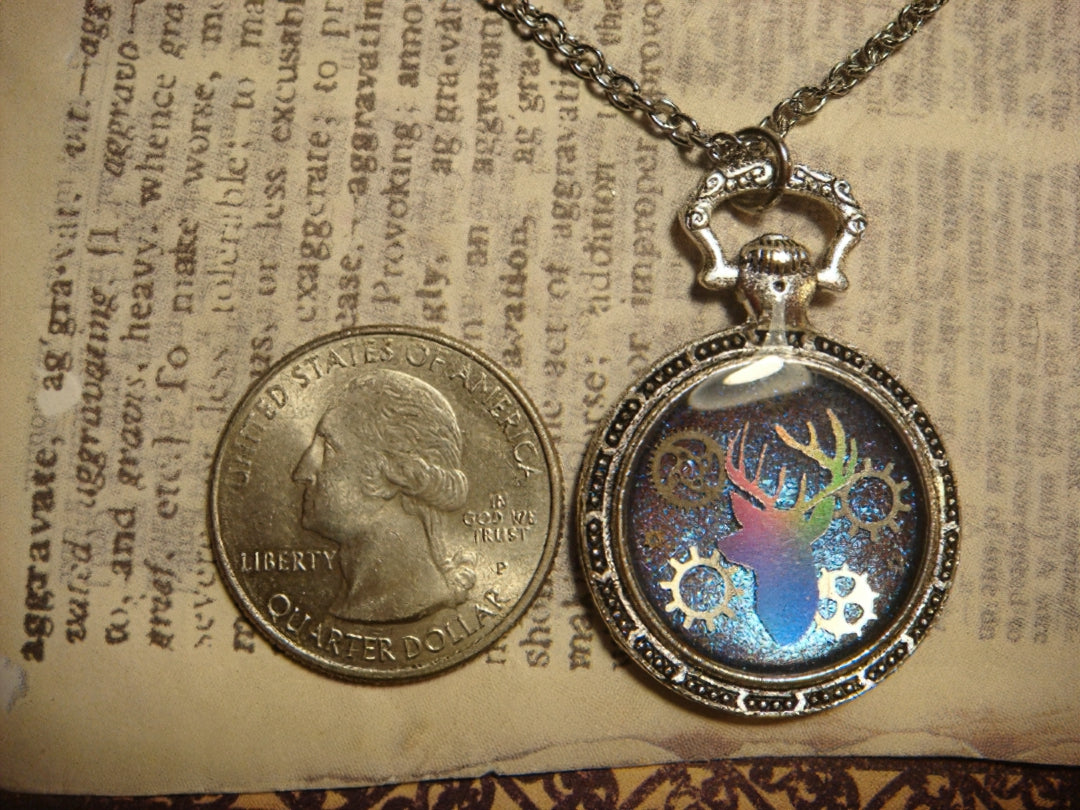 Antler Head and Gears Pocket Watch Pendant Necklace