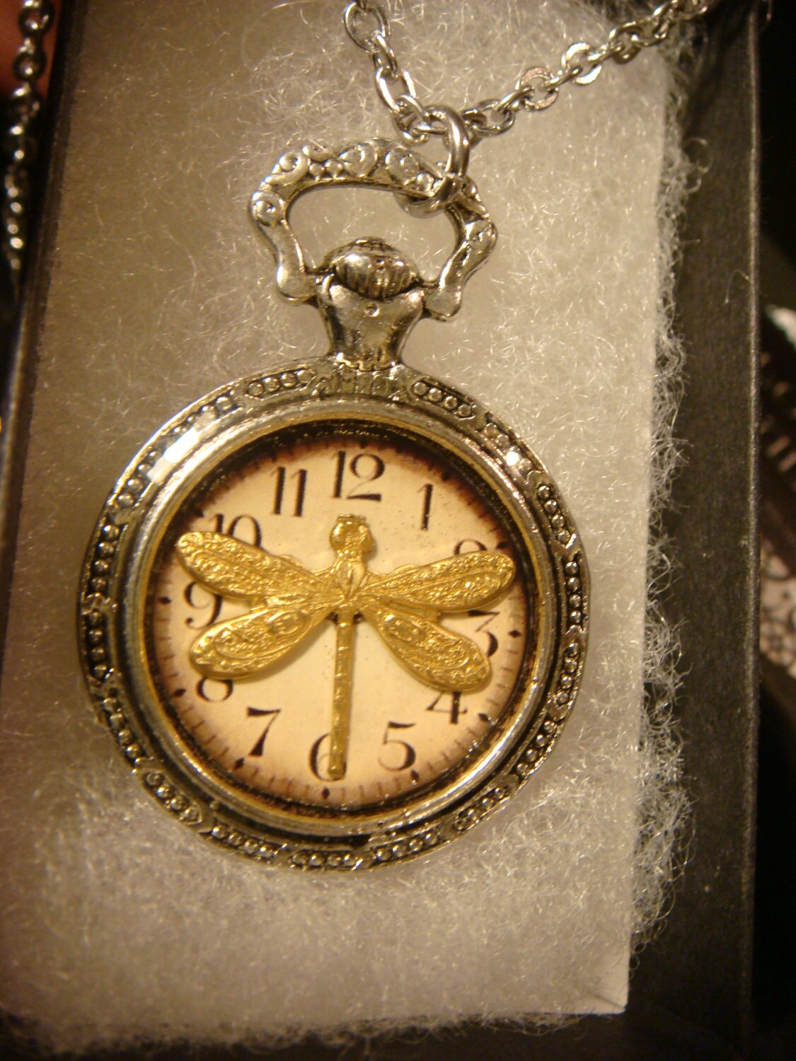 Dragonfly over Clock Pocket Watch Pendant Necklace