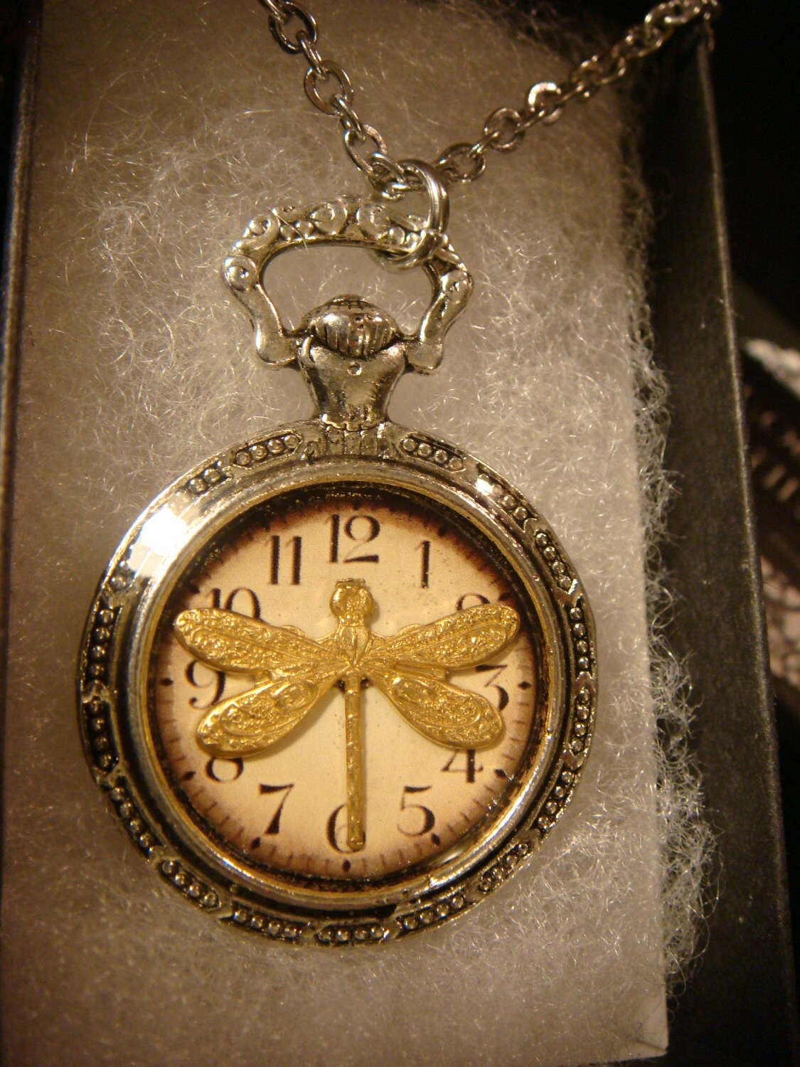 Dragonfly over Clock Pocket Watch Pendant Necklace