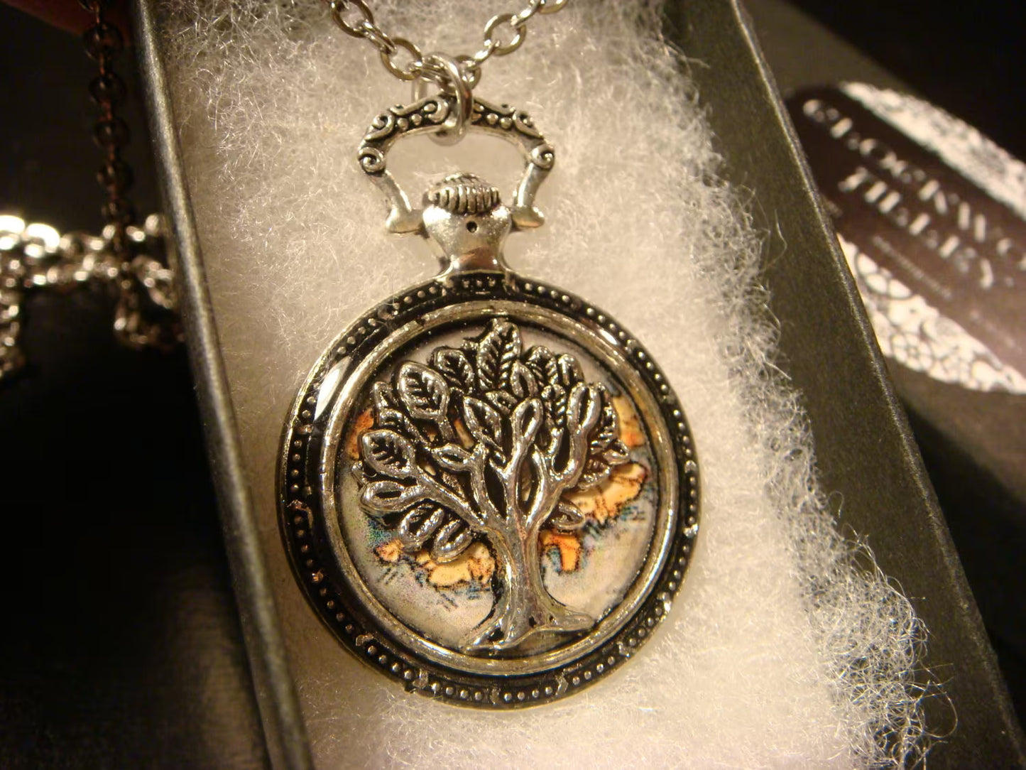 Tree of Life over Map Pocket Watch Pendant Necklace