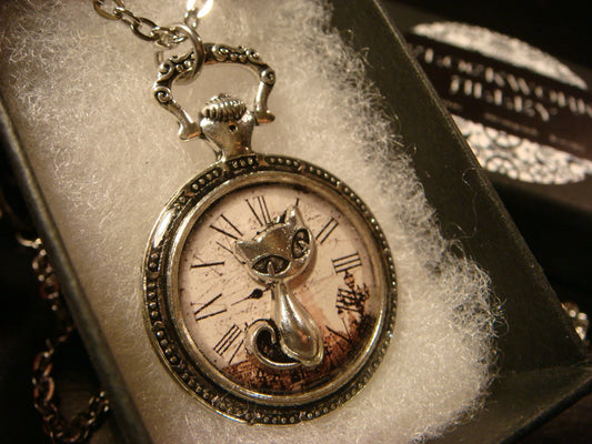 Cat over Victorian Clock Pocket Watch Pendant Necklace