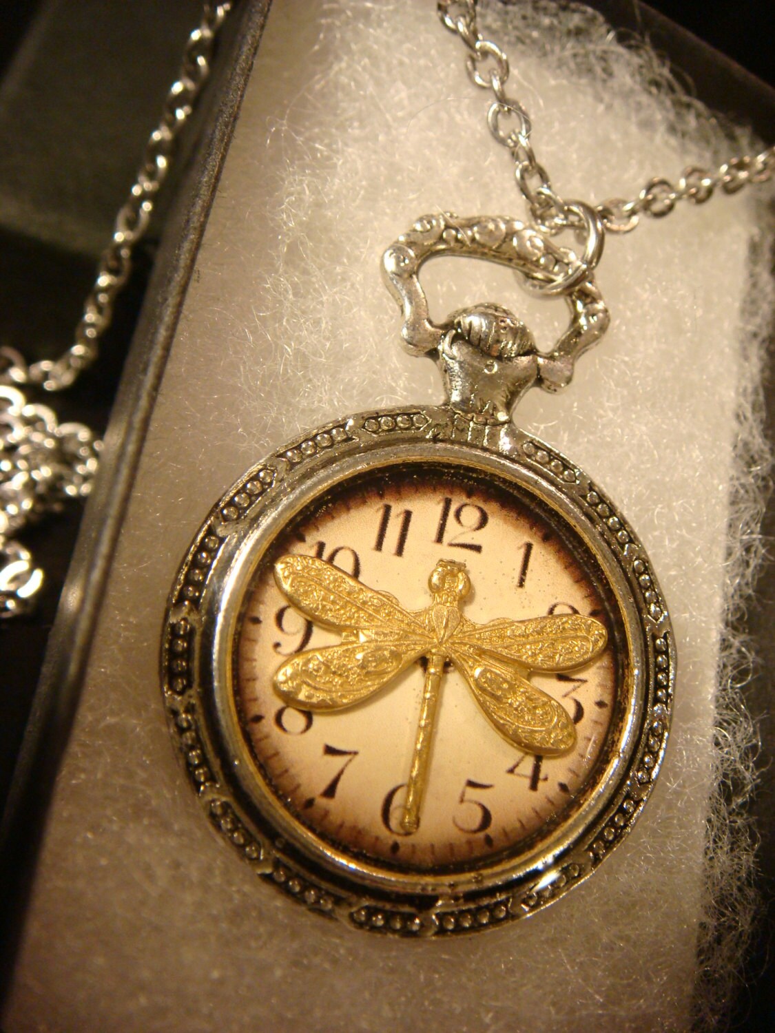 Dragonfly over Clock Pocket Watch Pendant Necklace