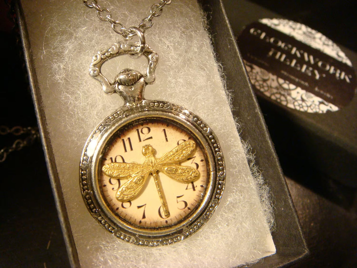 Dragonfly over Clock Pocket Watch Pendant Necklace