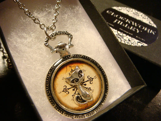 Cat over Compass Pocket Watch Pendant Necklace