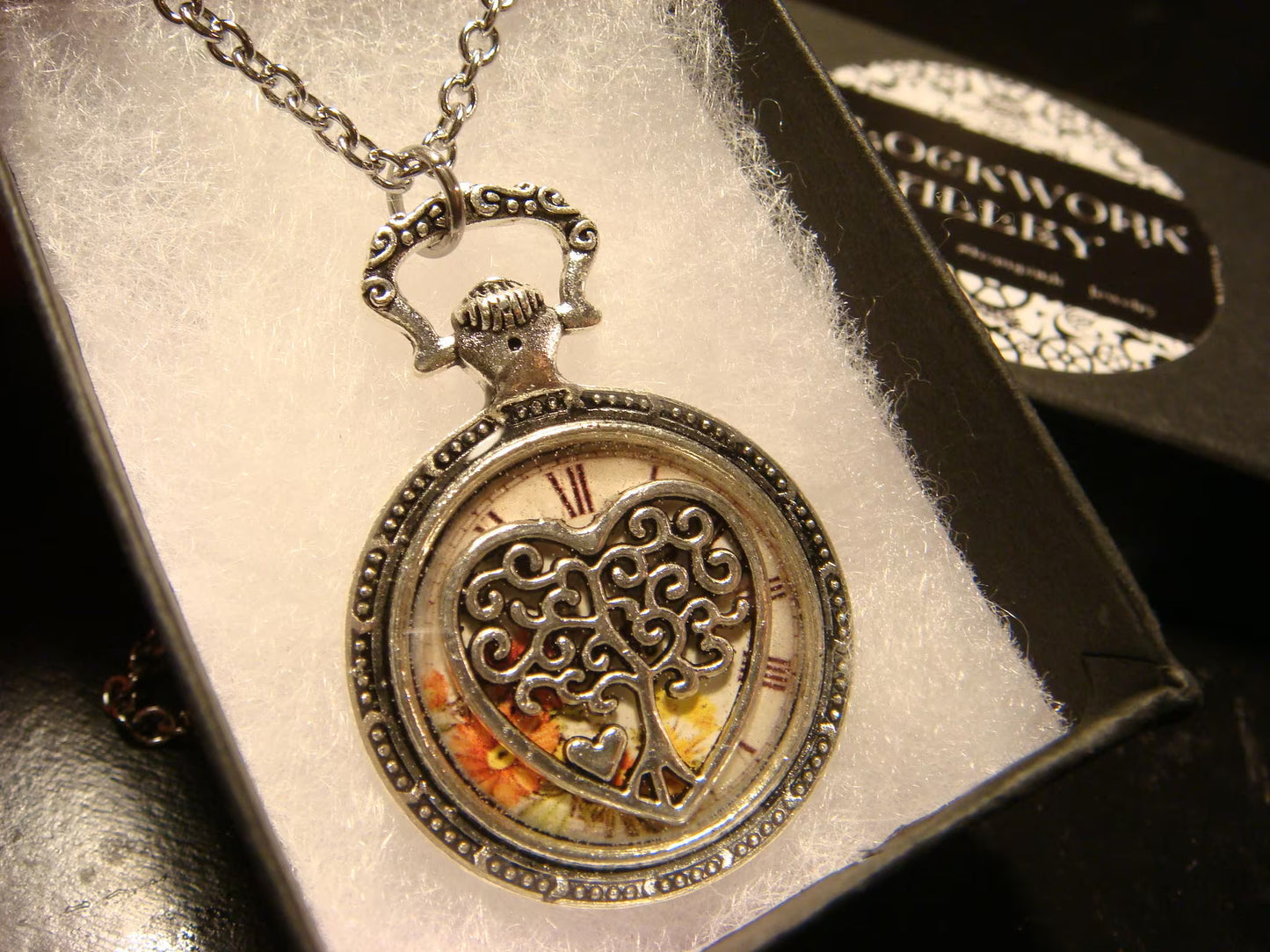Tree Heart over Floral Clock Pocket Watch Pendant Necklace