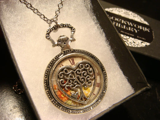 Tree Heart over Floral Clock Pocket Watch Pendant Necklace