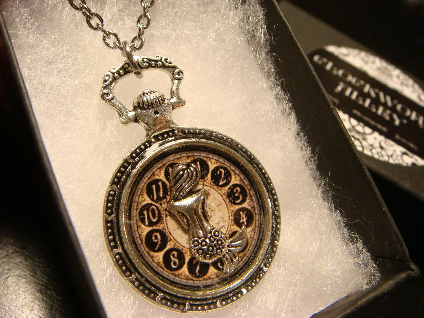 Mermaid over Clock Pocket Watch Pendant Necklace