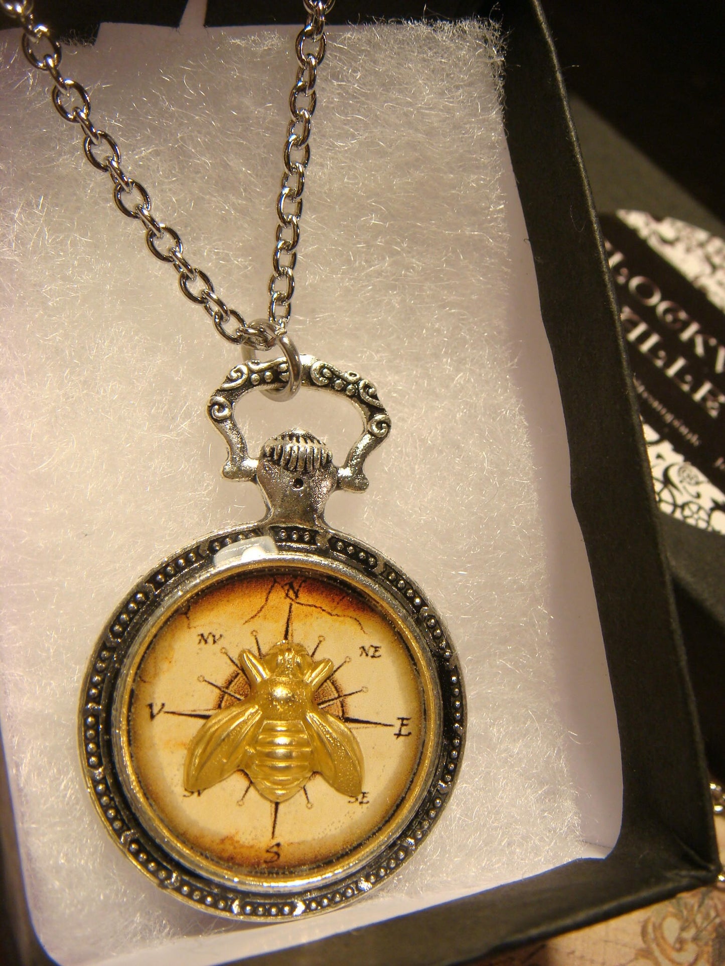 Bee over Compass Pocket Watch Pendant Necklace