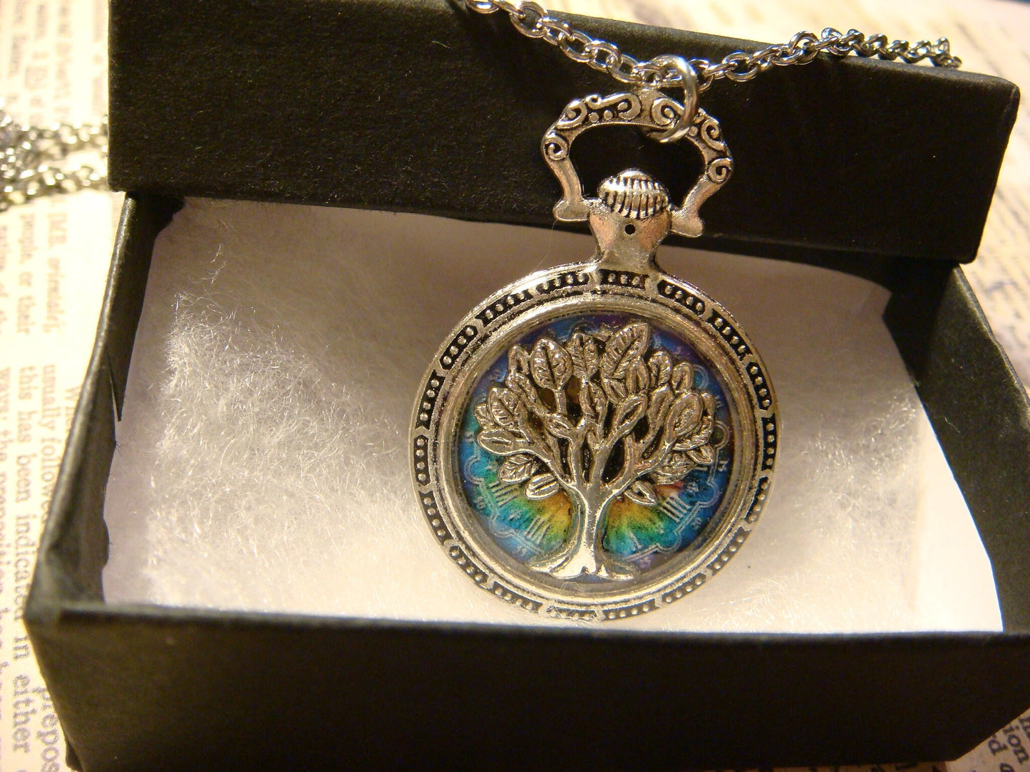 Tree of Life over Colorful Clock Pocket Watch Pendant Necklace