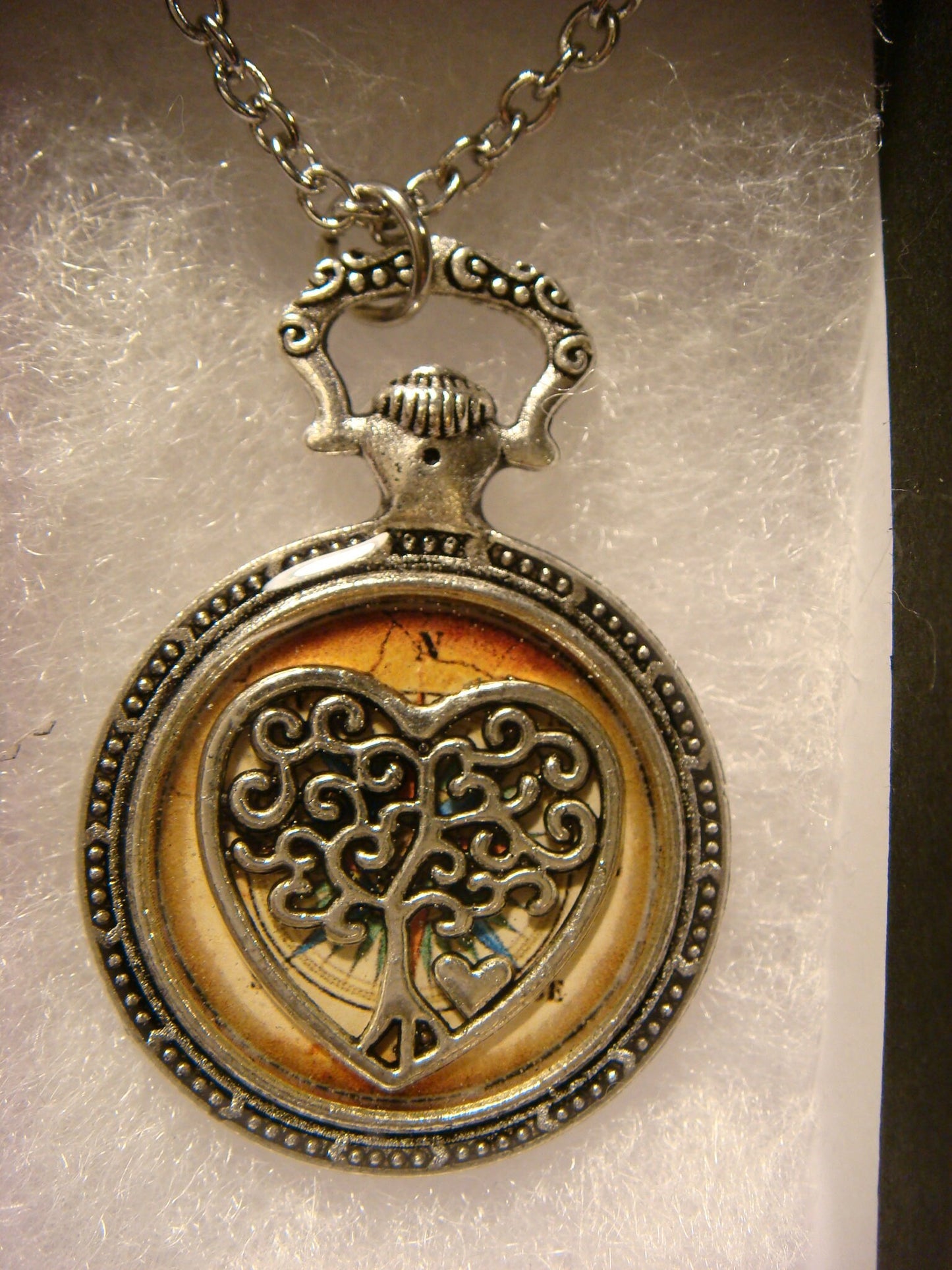Tree Heart over Compass Pocket Watch Pendant Necklace