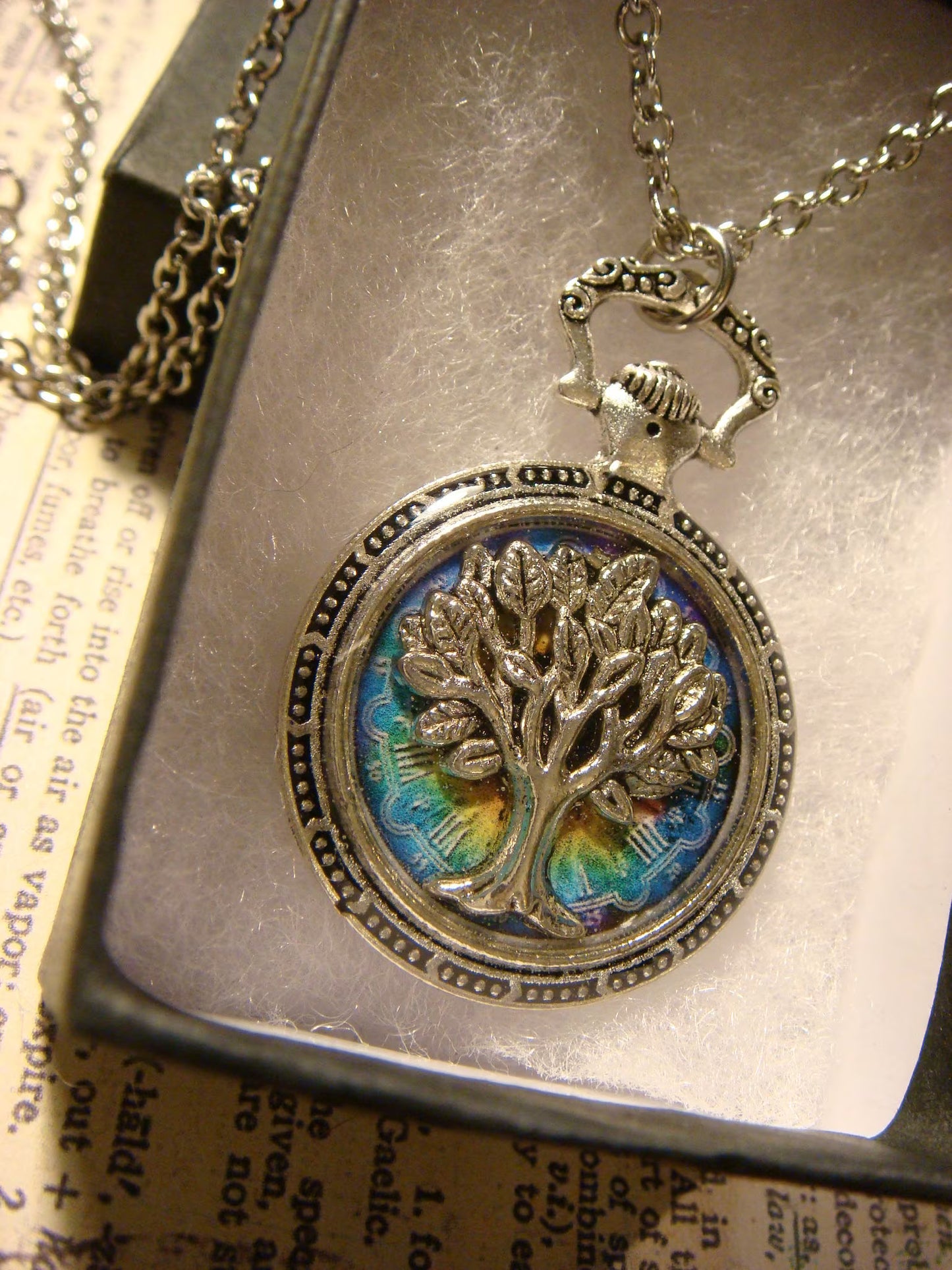 Tree of Life over Colorful Clock Pocket Watch Pendant Necklace