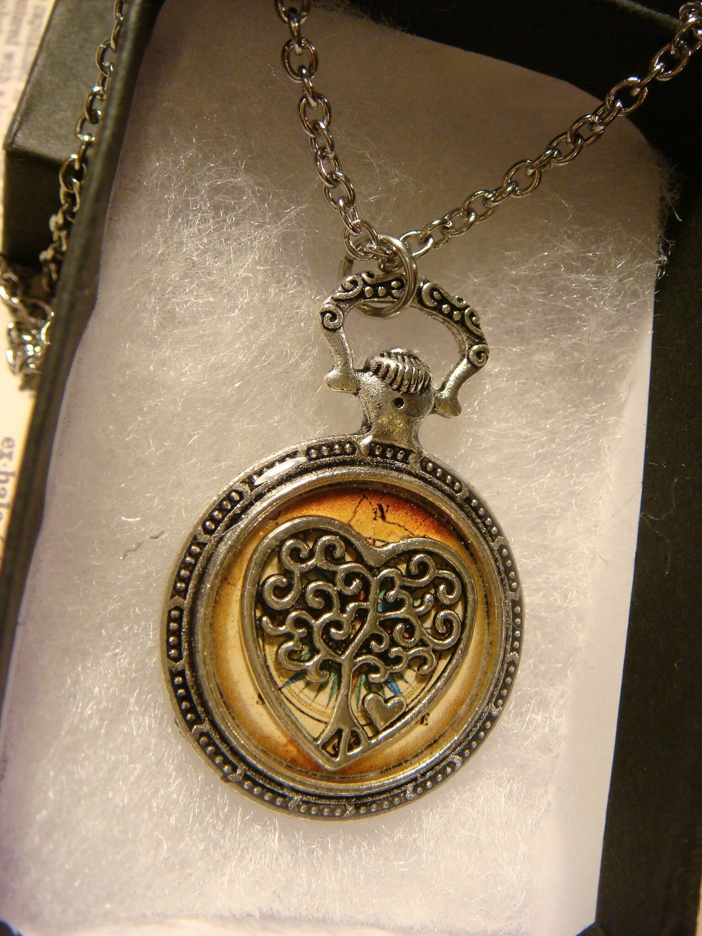 Tree Heart over Compass Pocket Watch Pendant Necklace
