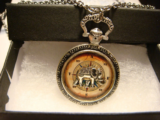 Elephant over Compass Pocket Watch Pendant Necklace