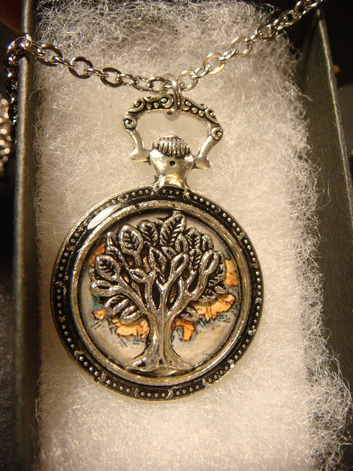 Tree of Life over Map Pocket Watch Pendant Necklace