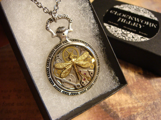 Clockwork Dragonfly with Watch Parts Pocket Watch Pendant Necklace