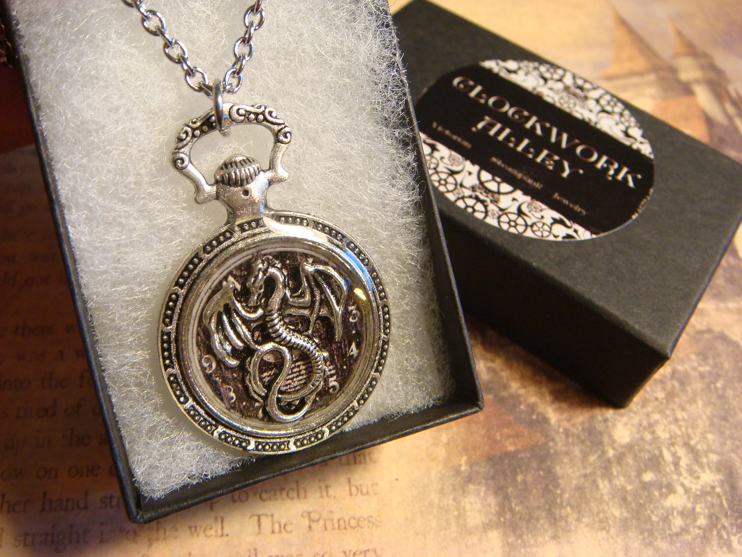 Dragon over Clock Pocket Watch Pendant Necklace