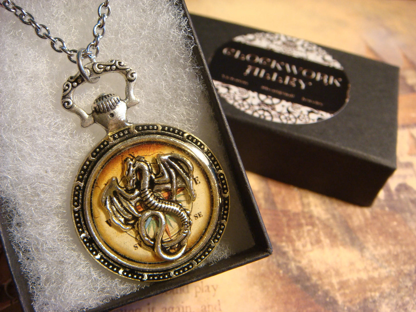 Dragon over Compass Pocket Watch Pendant Necklace