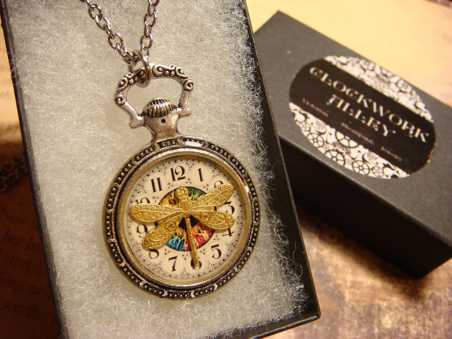 Dragonfly over Clock Pocket Watch Pendant Necklace