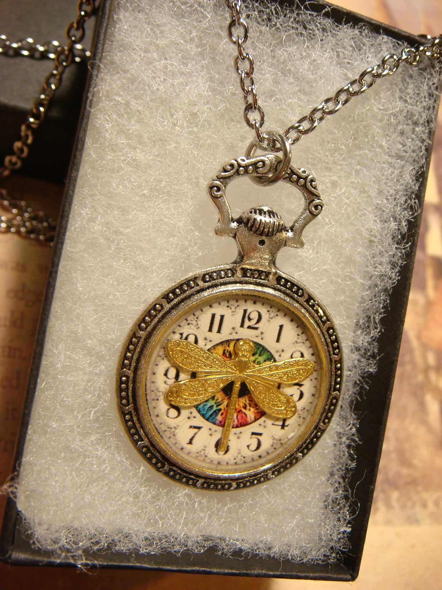Dragonfly over Clock Pocket Watch Pendant Necklace