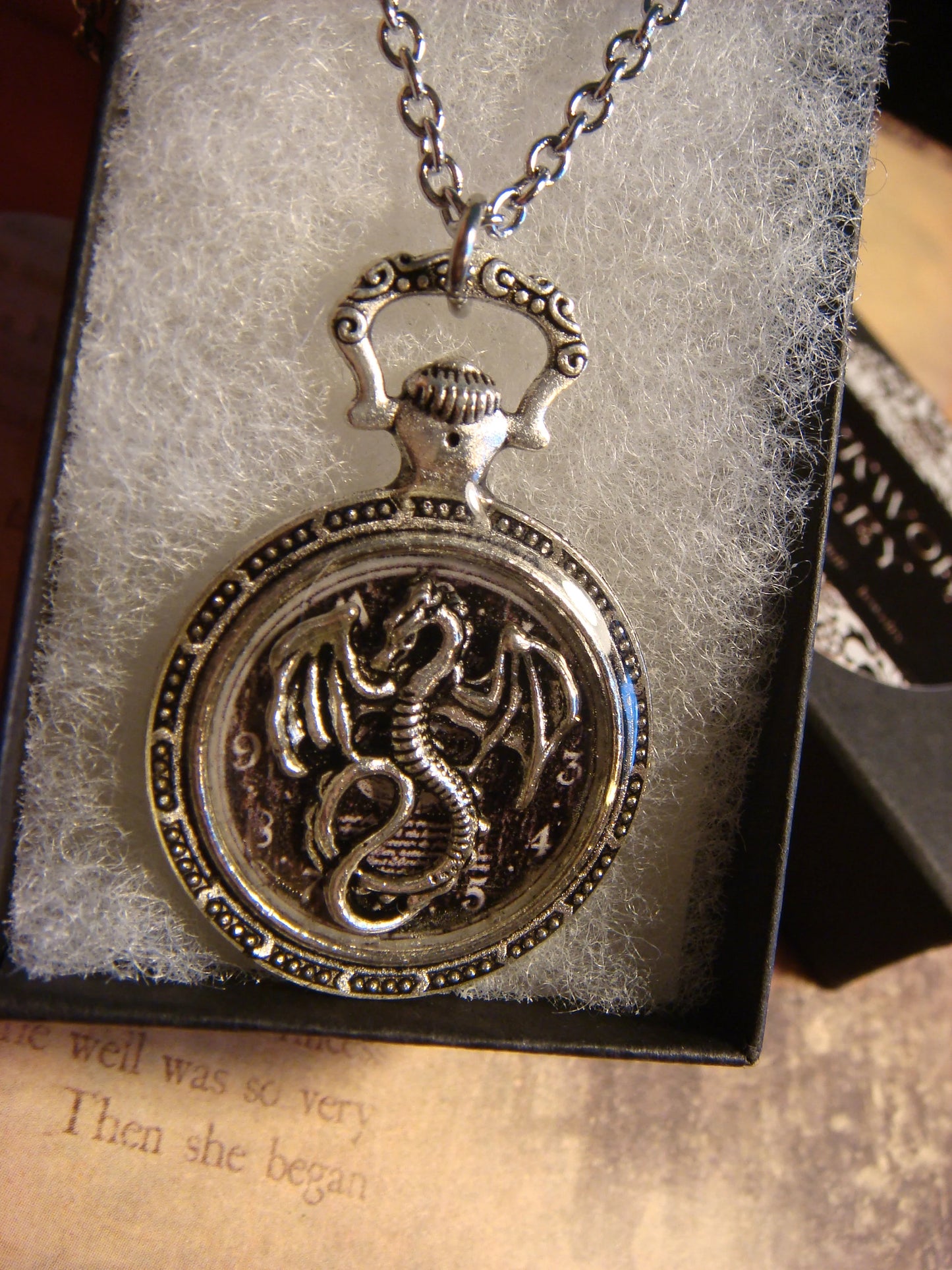Dragon over Clock Pocket Watch Pendant Necklace