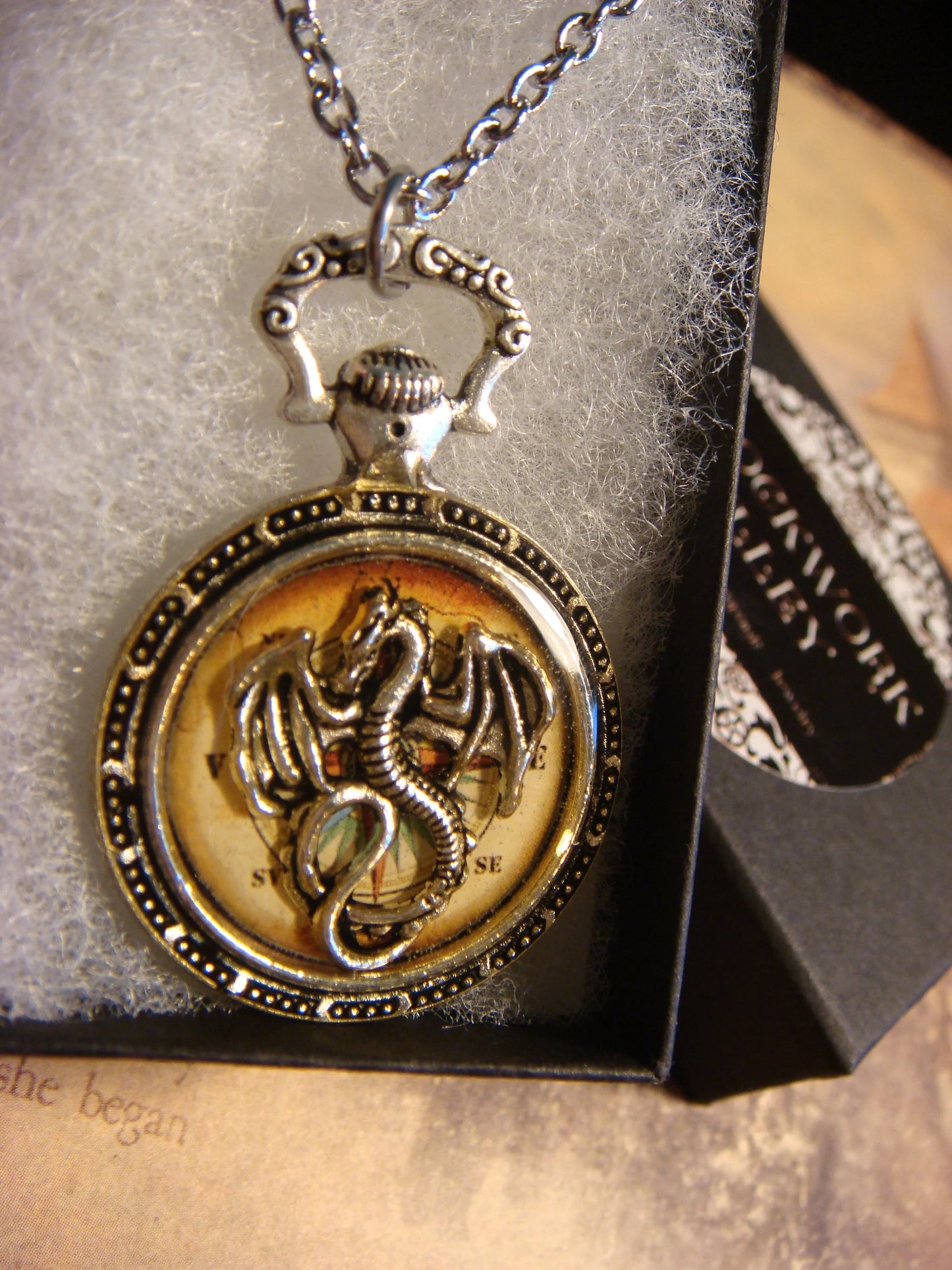 Dragon over Compass Pocket Watch Pendant Necklace
