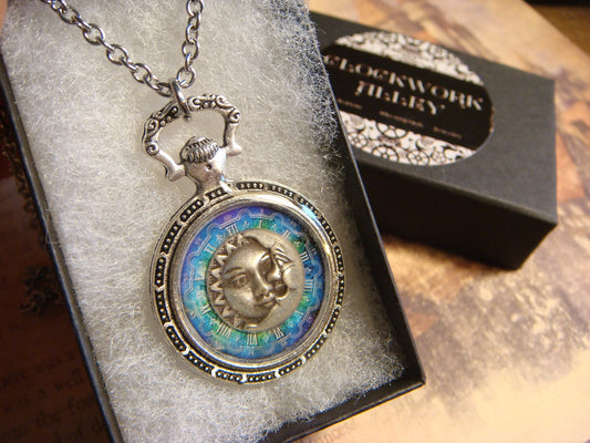 Sun an Moon over Colorful Clock Pocket Watch Pendant Necklace