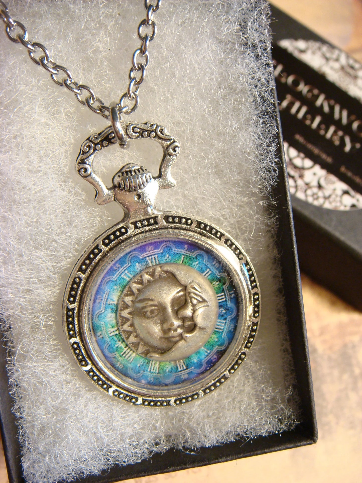 Sun an Moon over Colorful Clock Pocket Watch Pendant Necklace